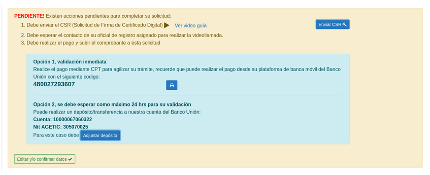Botón Enviar CSR en portal